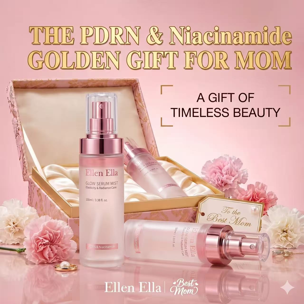 Ellen Ella PDRN-Niacinamide Serum Mist-Brightens skin tone, fades dark spots, soothes redness and sensitivity, moisturizes, and prevents makeup from fading
