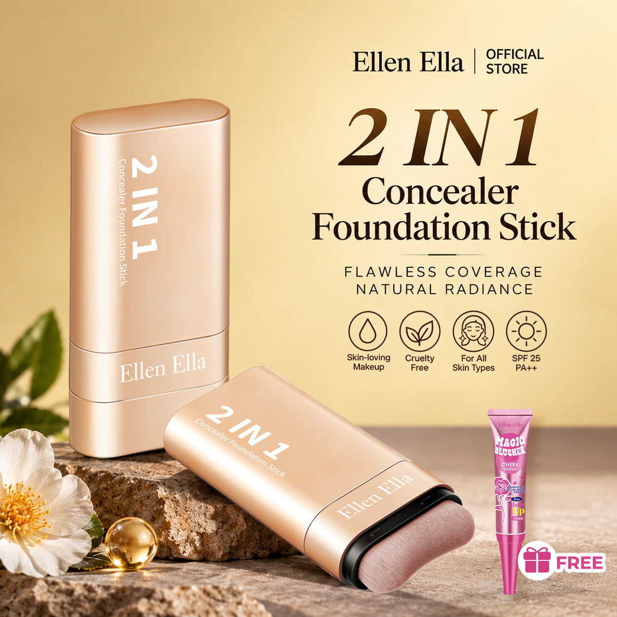 Ellen Ella K-Beauty 2-in-1 Foundation & Sunscreen Concealer Stick with Free 3-in-1 Magic Blusher
